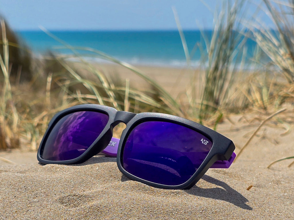 Lunettes de Soleil Homme/Femme  - Monture Carrée Noir Violet & Verres Miroir Bleu - Protection UV