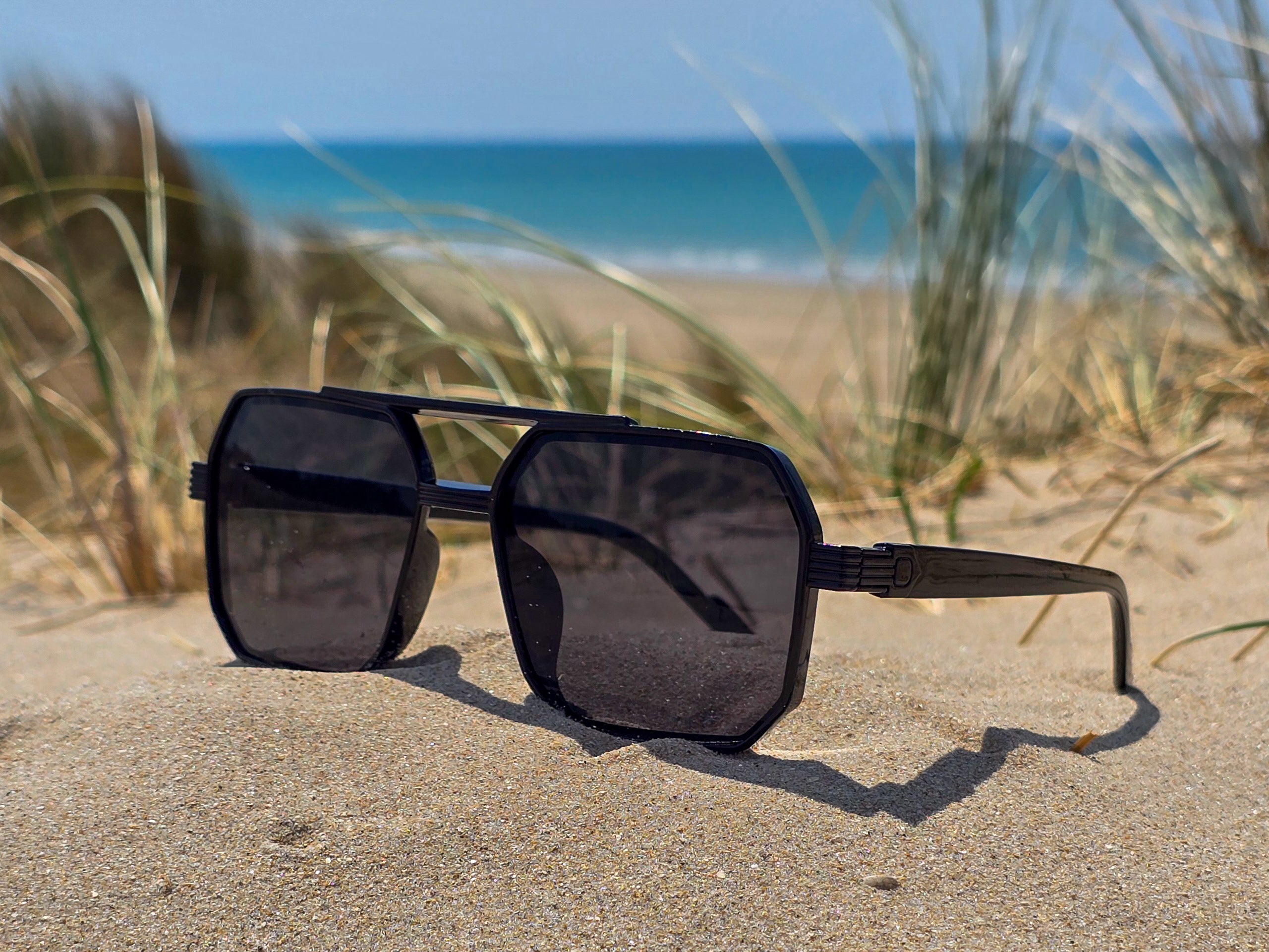 Lunettes de Soleil Homme Géométriques Noires - Style Aviateur Carré - Protection UV400 -