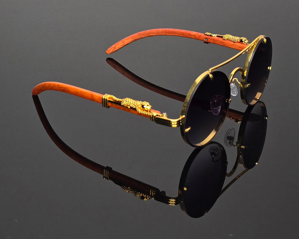 Lunettes de soleil rondes  marrons dorées détails guépard vintage steampunk style luxe