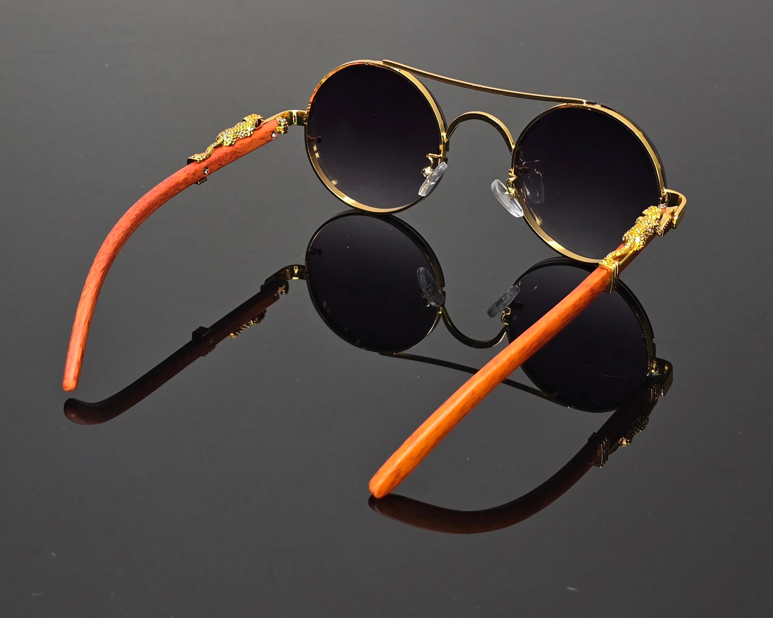 Lunettes de soleil rondes  marrons dorées détails guépard vintage steampunk style luxe